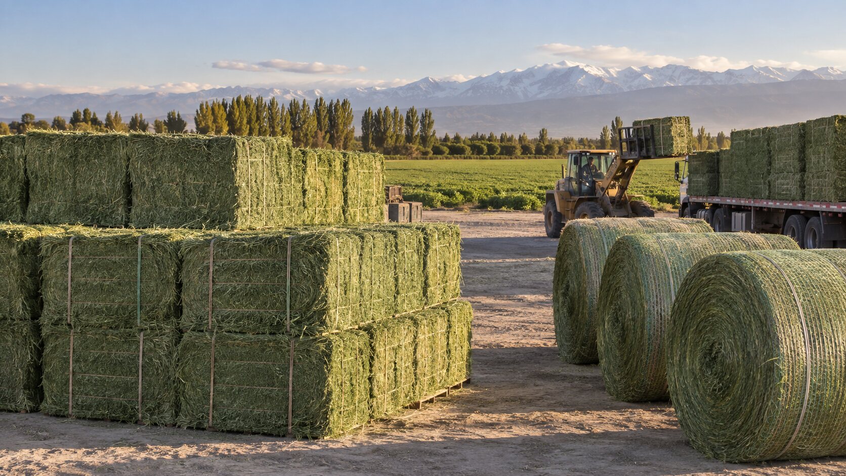 Alfalfa bales and rolls prepared for logistics