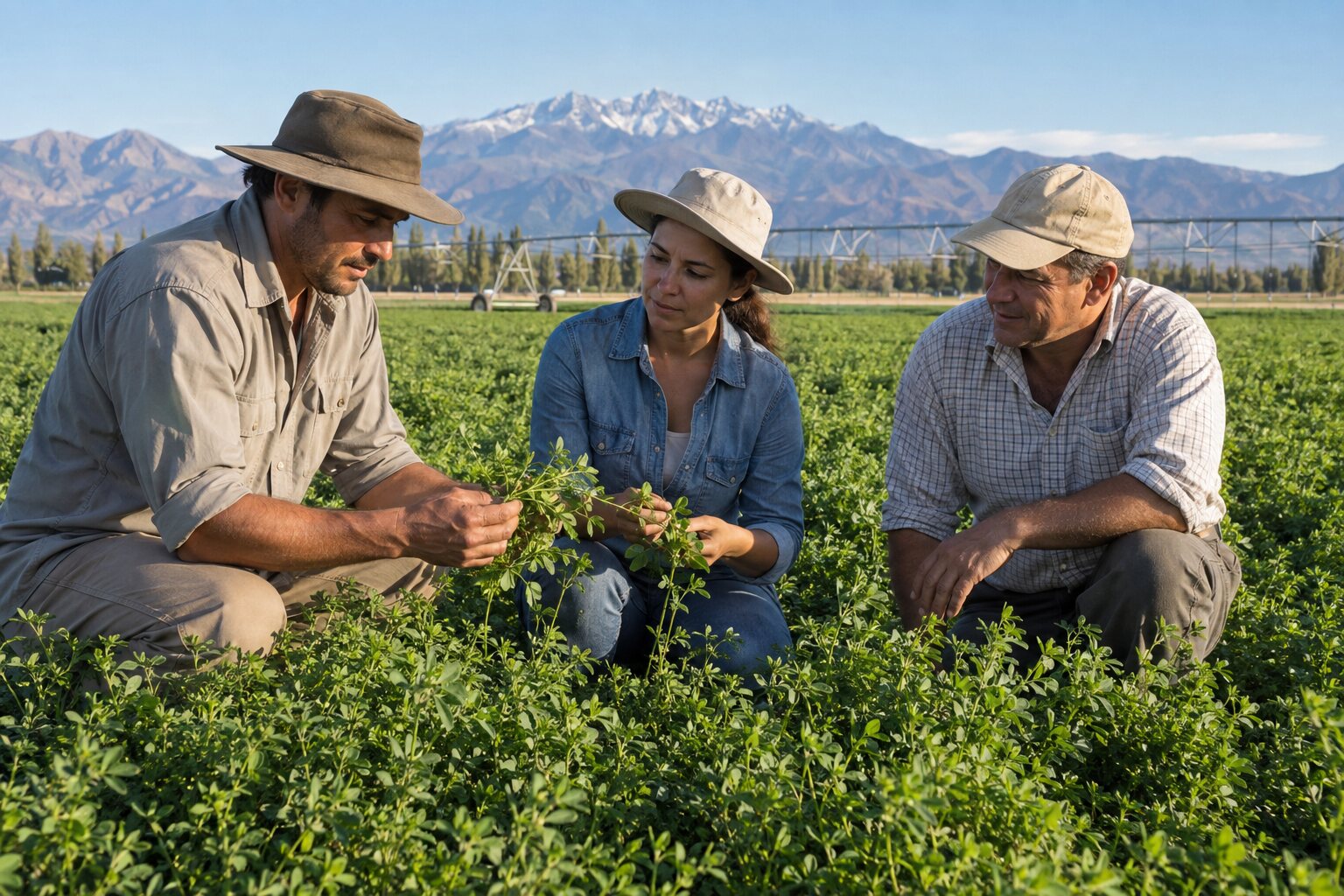Mendoza rural team inspecting alfalfa quality